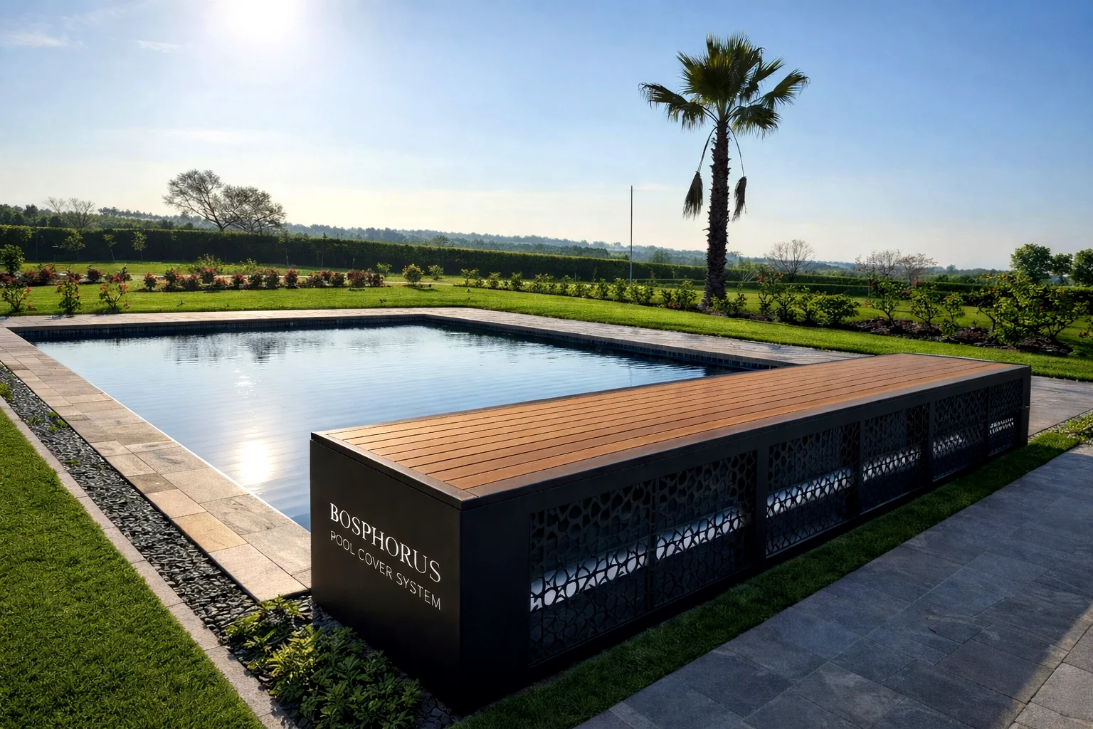 Bosphorus kasası: ahşap üst kapak ve desenli metal panel, havuz kenarında