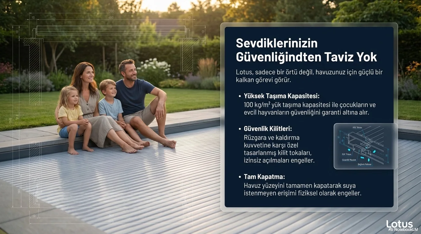 Kapalı havuzun kenarında oturan aile — otomatik havuz kapatma sistemi çocuk ve evcil hayvan güvenliği, 100 kg/m² taşıma, güvenlik kilitleri, tam kapatma