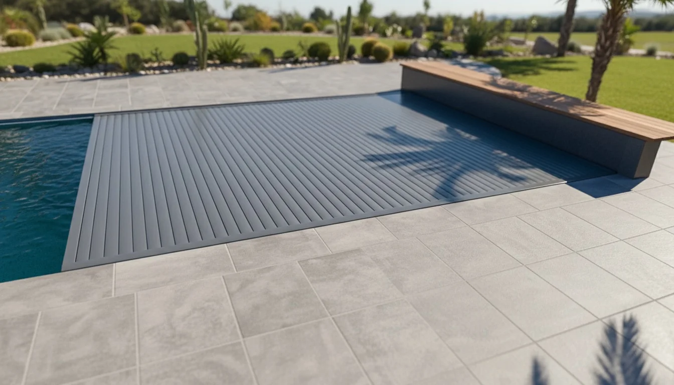 Gri lamelli havuz örtüsü yakın çekim — 81×15 mm lamellerin oluşturduğu bütün yüzey