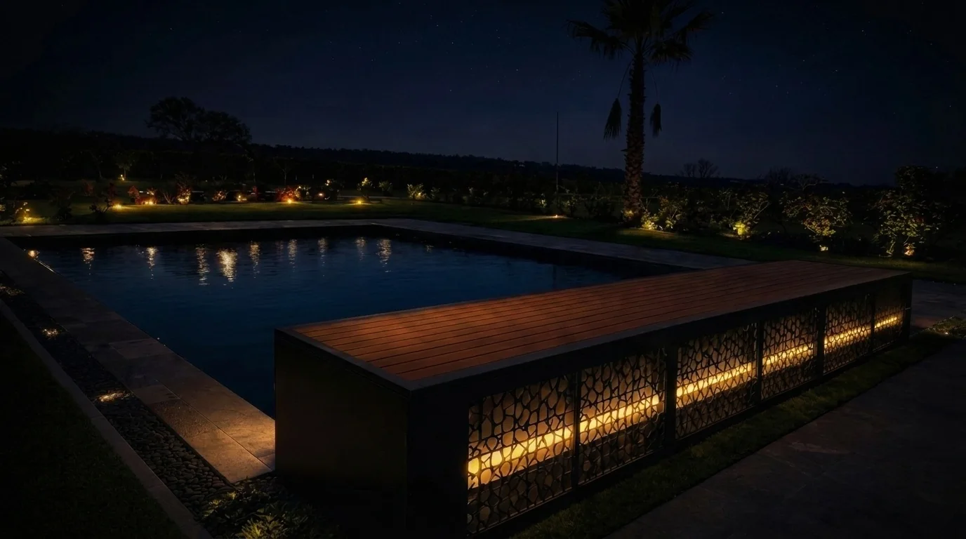 Bosphorus X gece görünümü — CNC motifli panellerin arkasından sızan sıcak LED ışığı, havuz başında