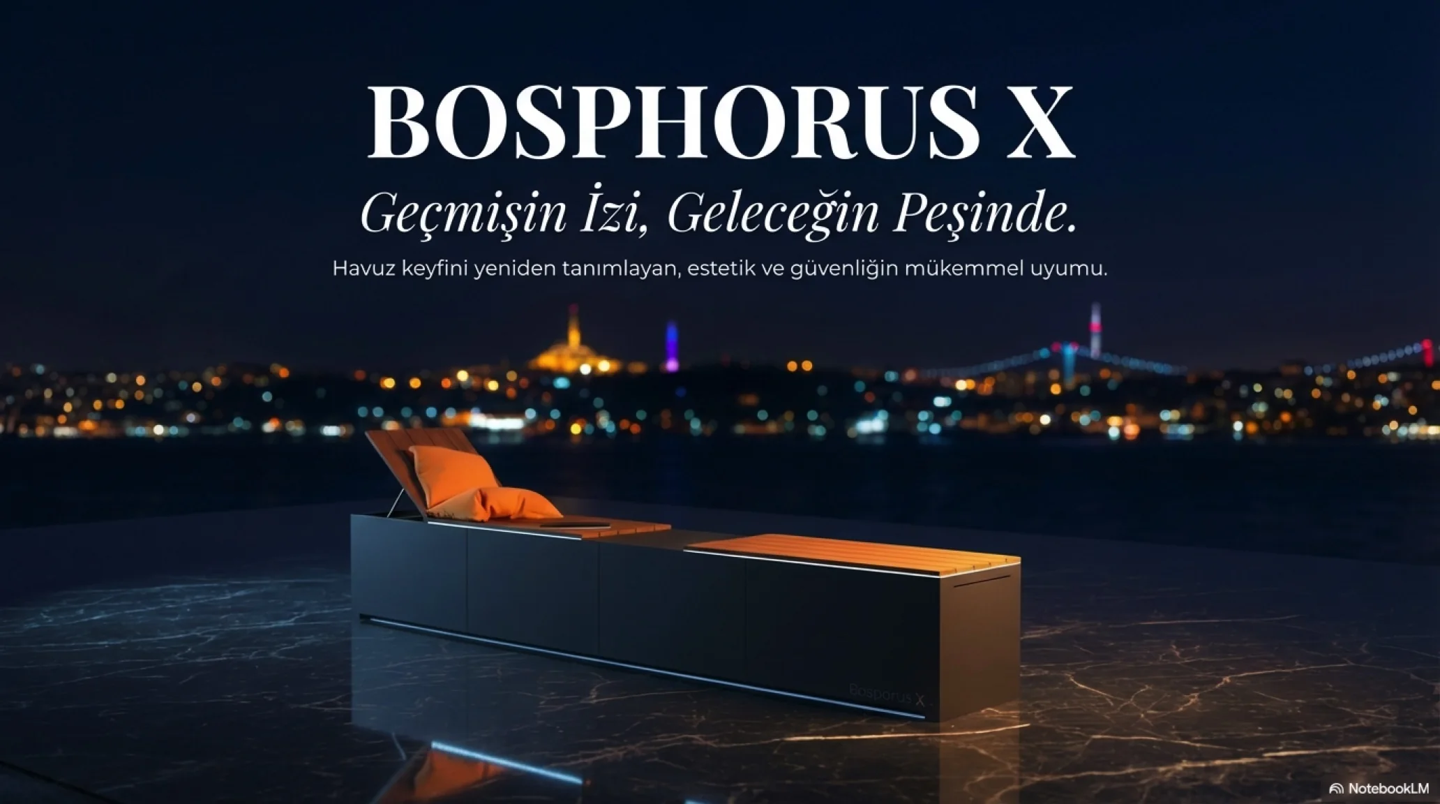 Bosphorus X — İstanbul silüeti önünde gece, ahşap oturma yüzeyli kasa ve LED aydınlatma