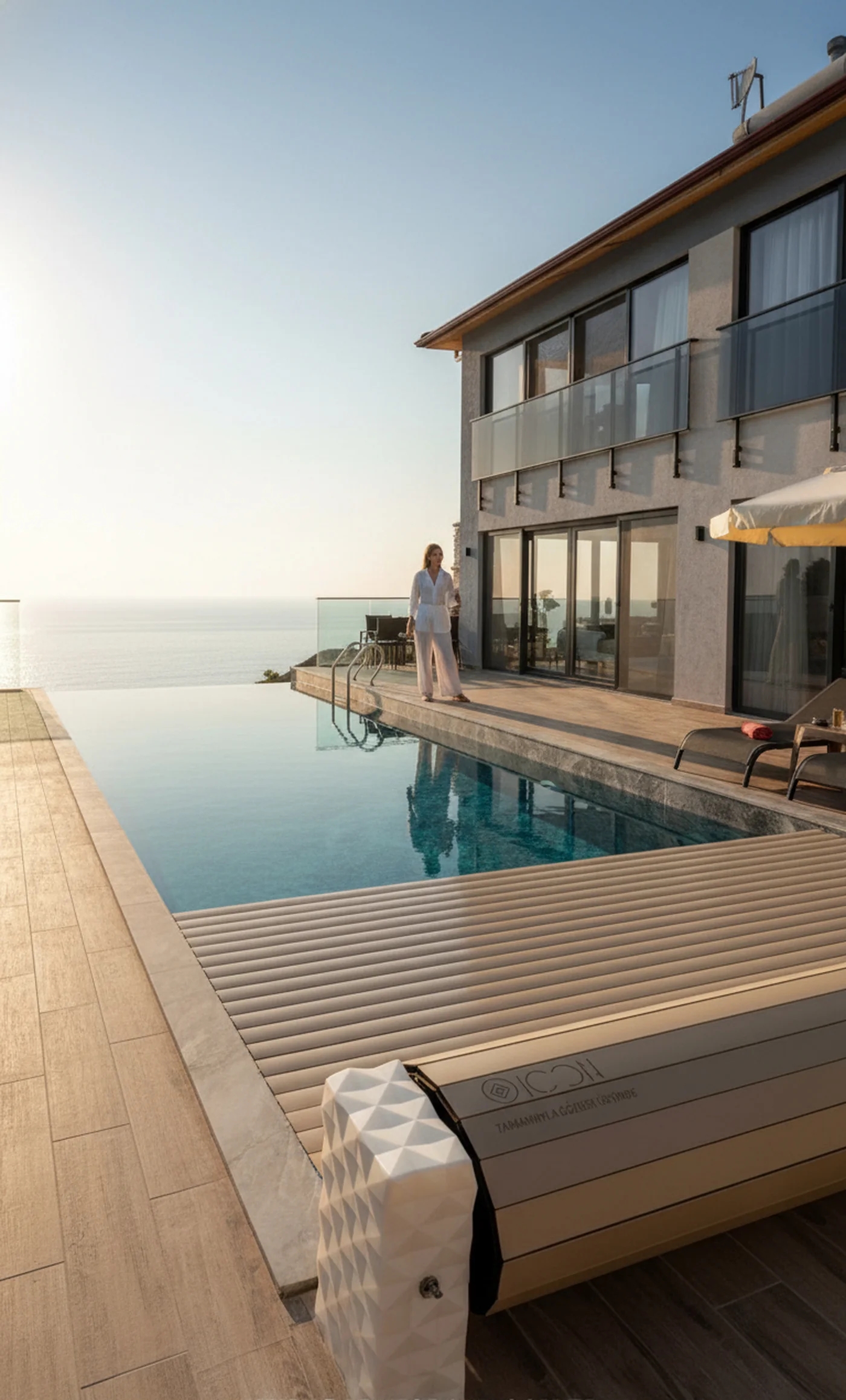 Deniz manzaralı villa havuzunda ICON otomatik kapatma sistemi