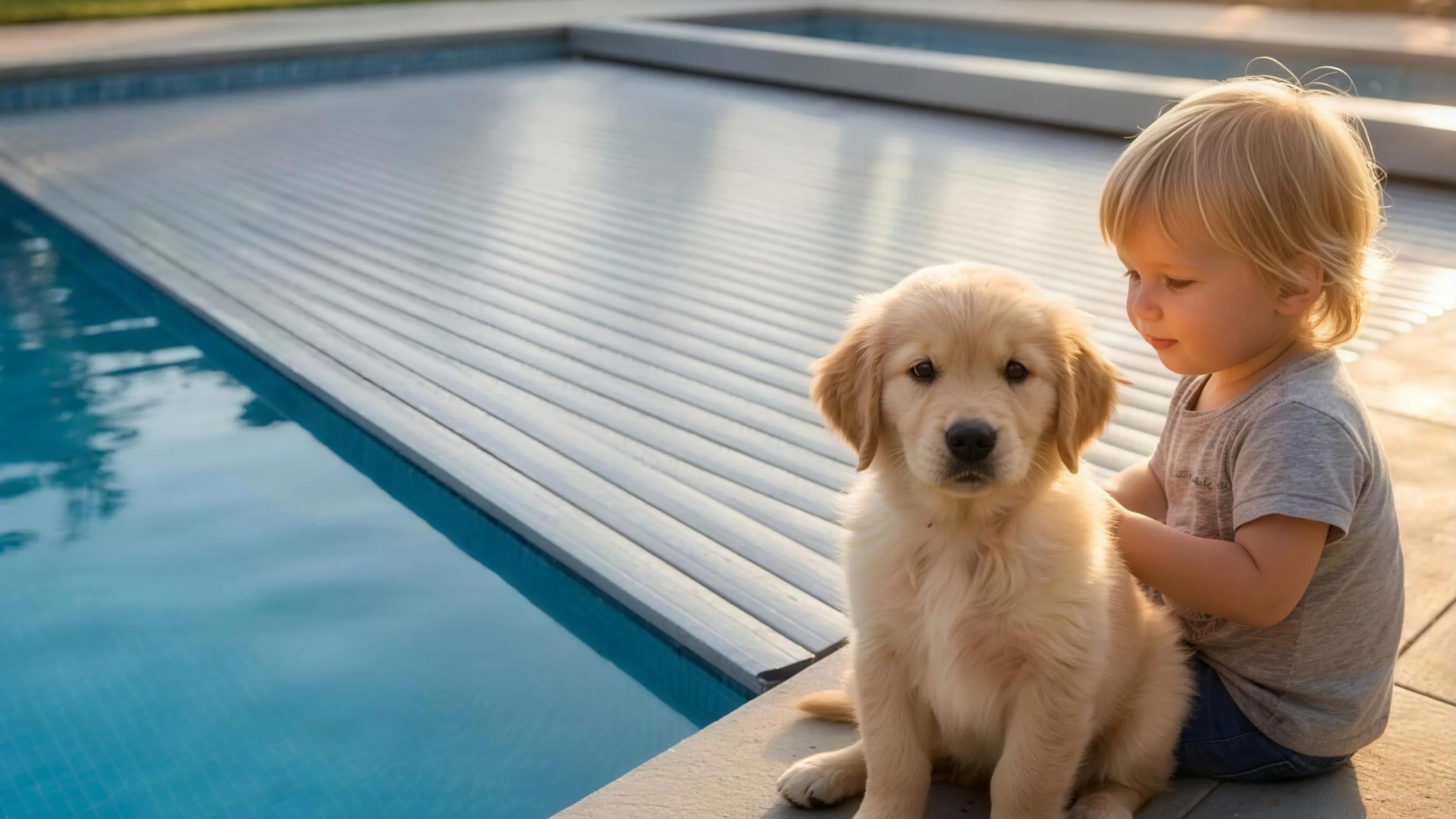 Kapalı havuz örtüsünün kenarında oturan küçük çocuk ve golden retriever yavrusu — havuz kapalıyken çocuk ve evcil hayvan suya erişemez