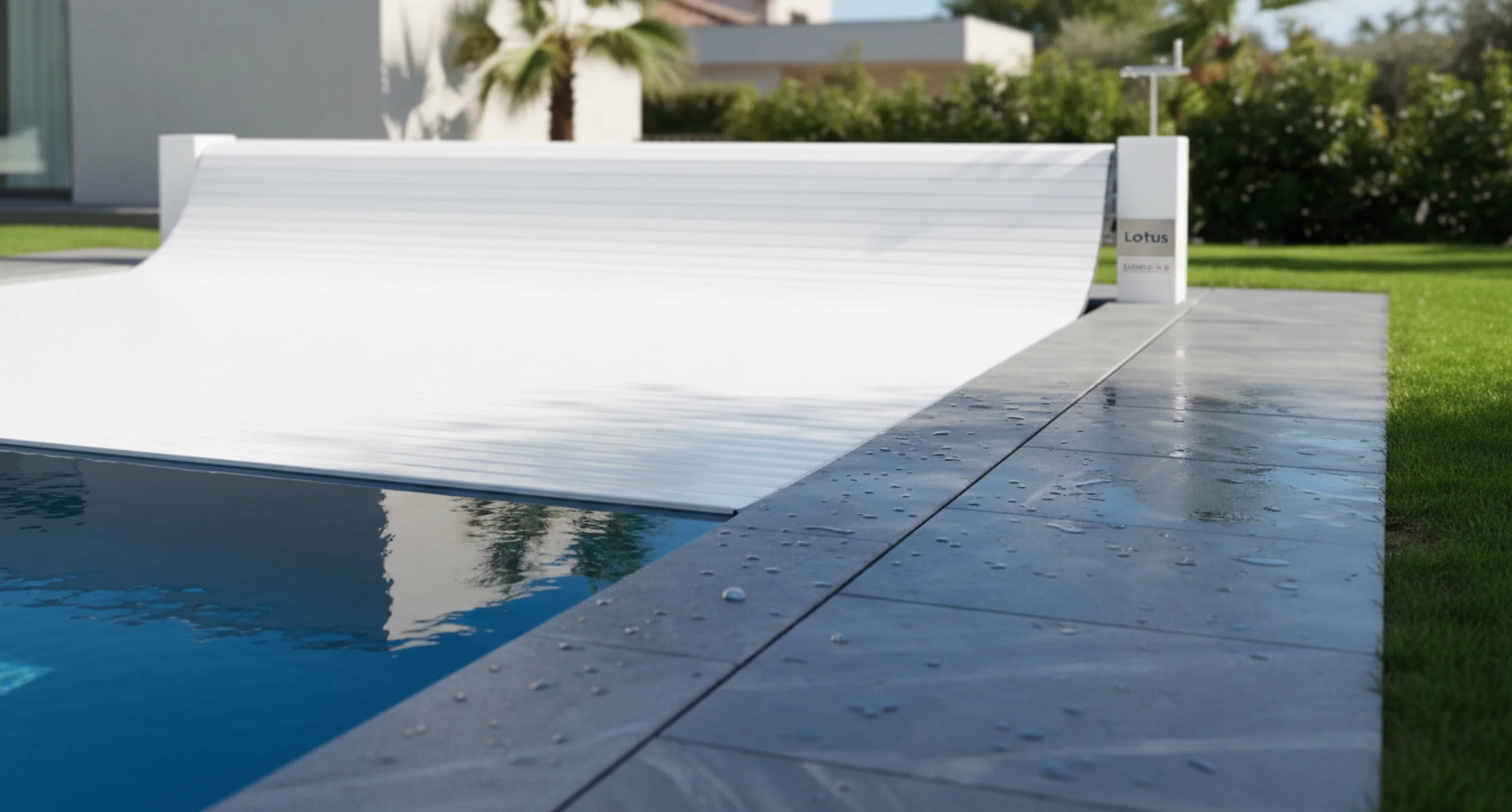 Havuz kenarında kapalı lamel örtüsü yakın çekim — 81×15 mm lameller